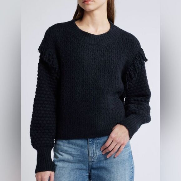 Treasure & Bond Balloon Sleeve Mixed Stitch Fringe Sweater Crew Black S NWT - Picture 3 of 12